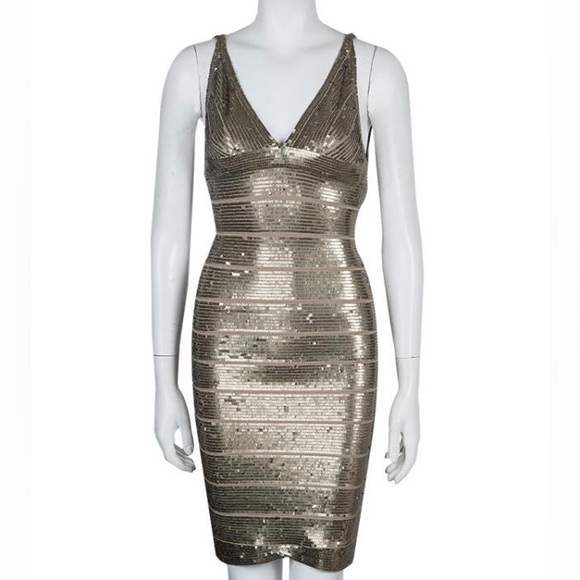 Herve Leger Gold Sequin Bandage Dress - Picture 1 of 17